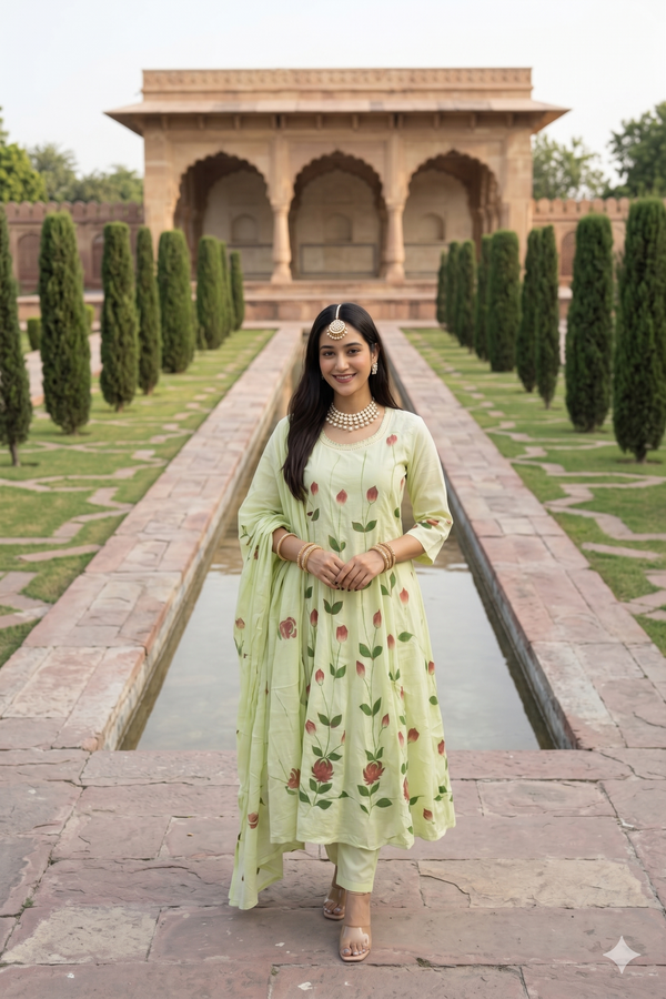 light Green cotton  rose motifs Anarkali  set with duppata