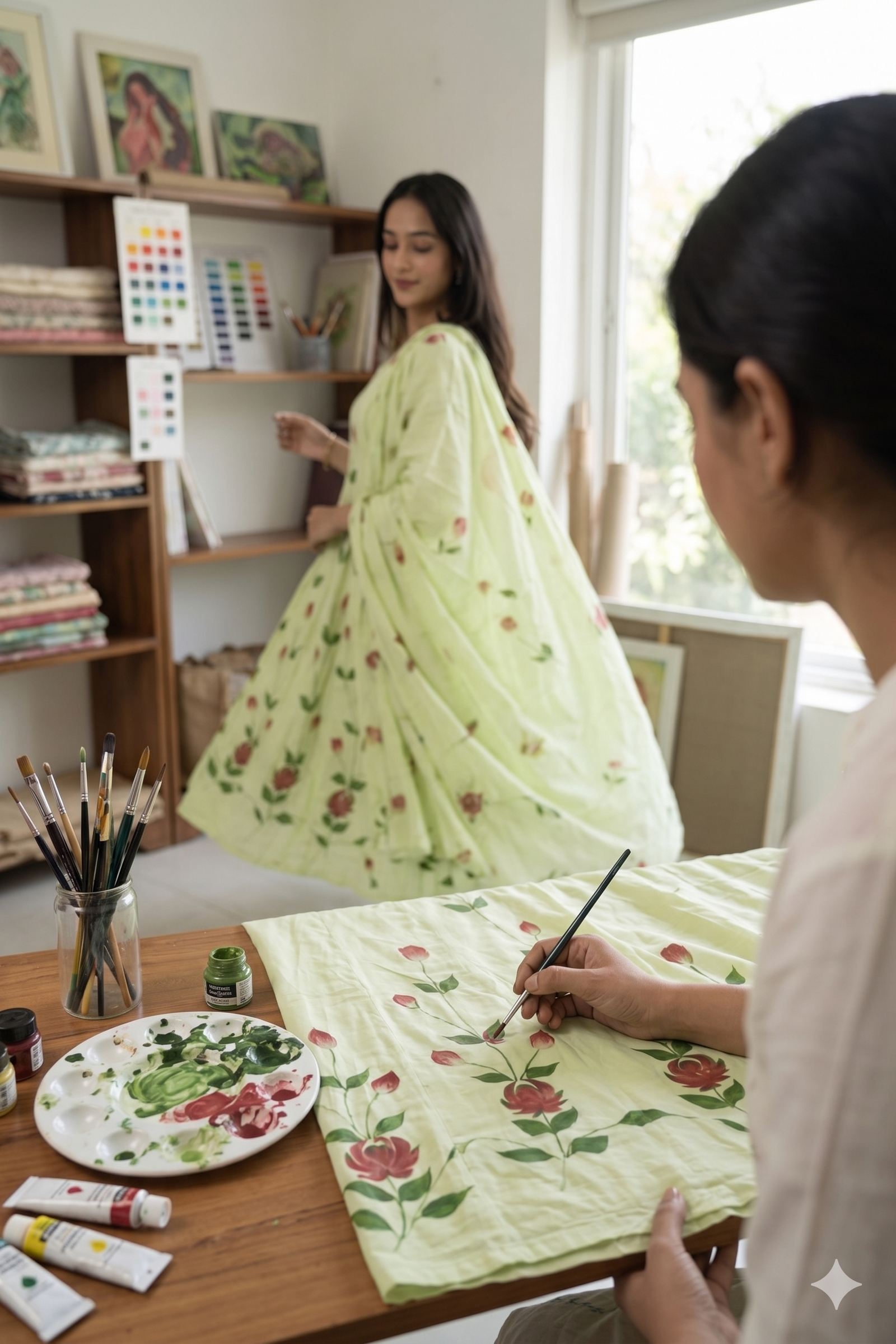 light Green cotton  rose motifs Anarkali  set with duppata