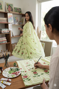 light Green cotton  rose motifs Anarkali  set with duppata