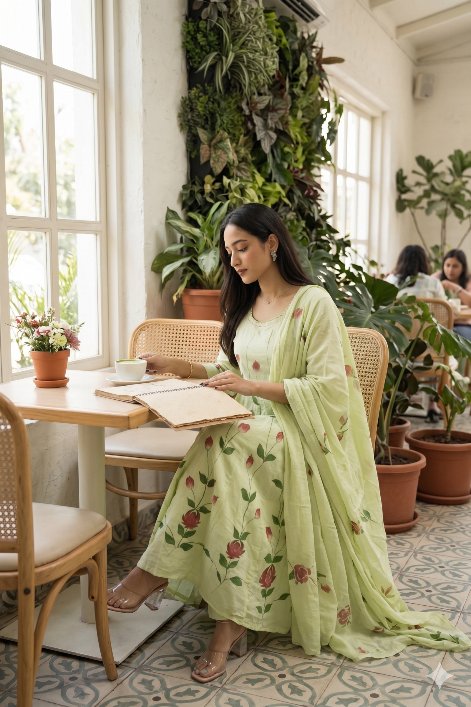 light Green cotton  rose motifs Anarkali  set with duppata