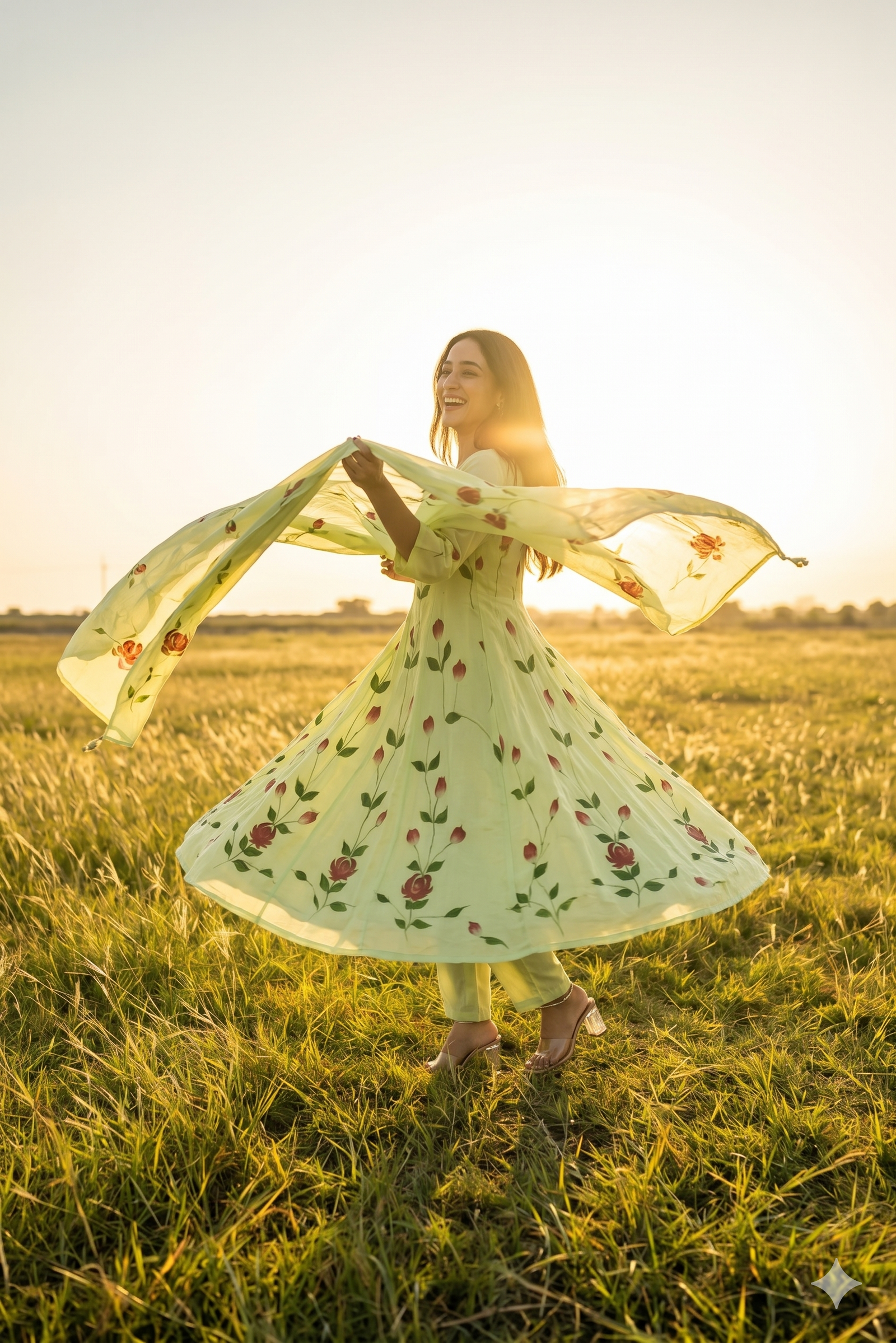 light Green cotton  rose motifs Anarkali  set with duppata