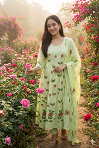 light Green cotton  rose motifs Anarkali  set with duppata
