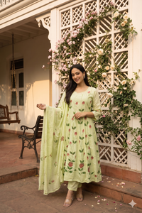light Green cotton  rose motifs Anarkali  set with duppata