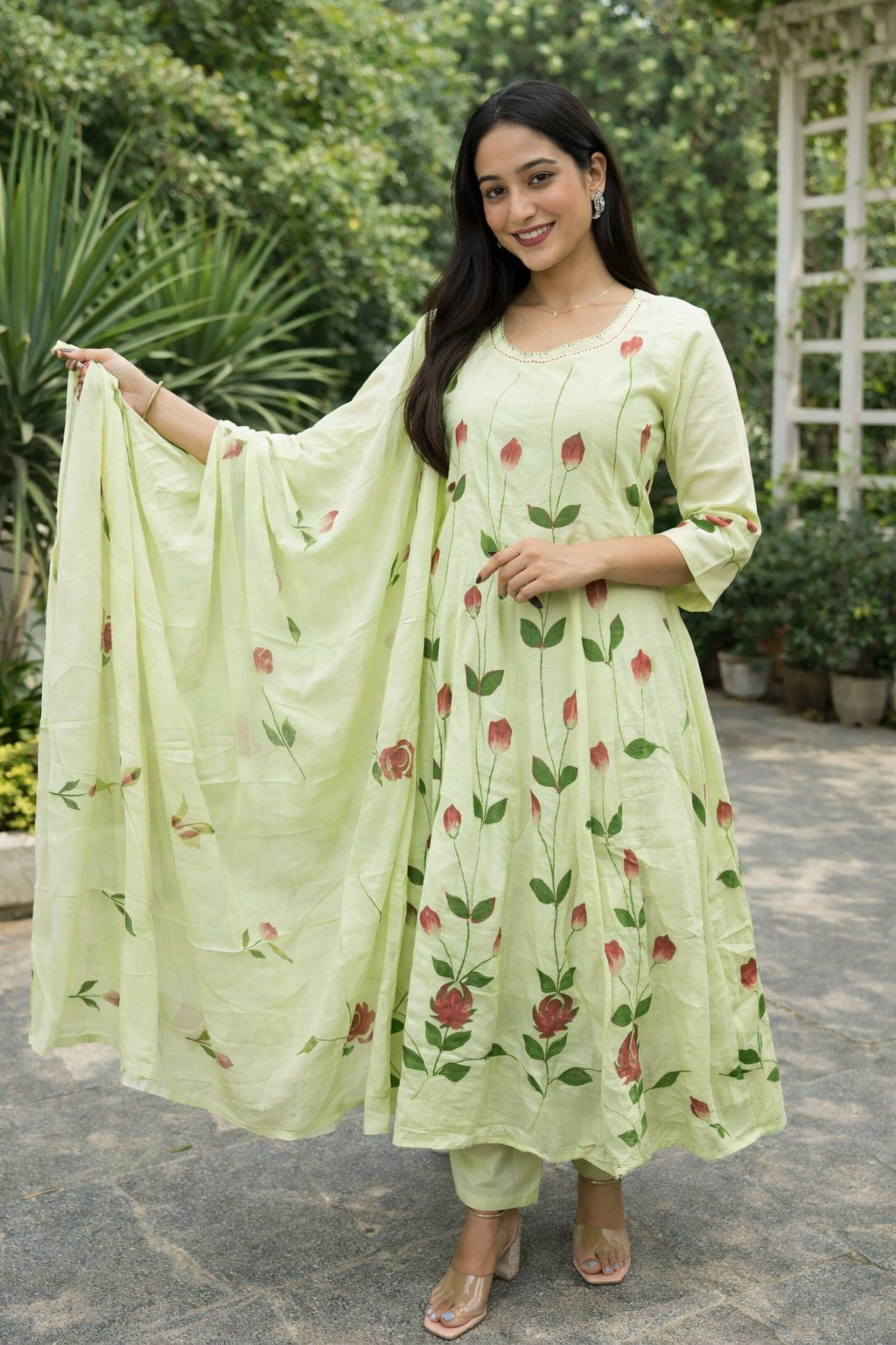 light Green cotton  rose motifs Anarkali  set with duppata
