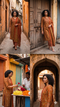 orange printed cotton set with duppata