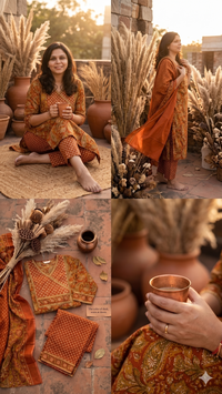 orange printed cotton set with duppata