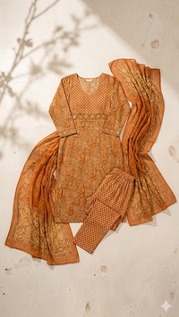 orange printed cotton set with duppata