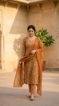 orange printed cotton set with duppata