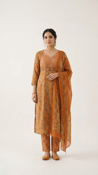 orange printed cotton set with duppata
