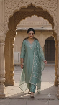 Sea Green Embroidered Silk-Blend 3-Piece Kurta Set
